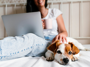 woman on laptop on bed with dog