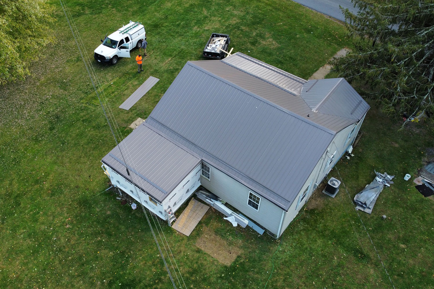 Arial view of the new roof installed on Carter’s home (October 2022)