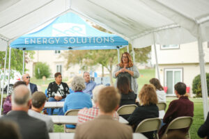 CHP's Meghan McMillan speaks to the attendees at the Mosbey Heights event