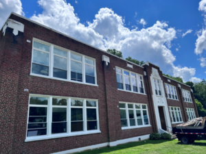 The front of S.A. Robinson apartments featuring new windows.