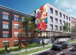 Rendering of the new Witter Place Apartments building with a bright, floral mural painted on the side of a building.