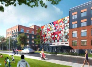 Rendering of the new Witter Place Apartments with a bright, floral mural painted on the side of the building.